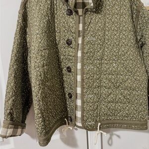 Madewell Olive Quilted Jacket with Floral Pattern and Checkered Pattern